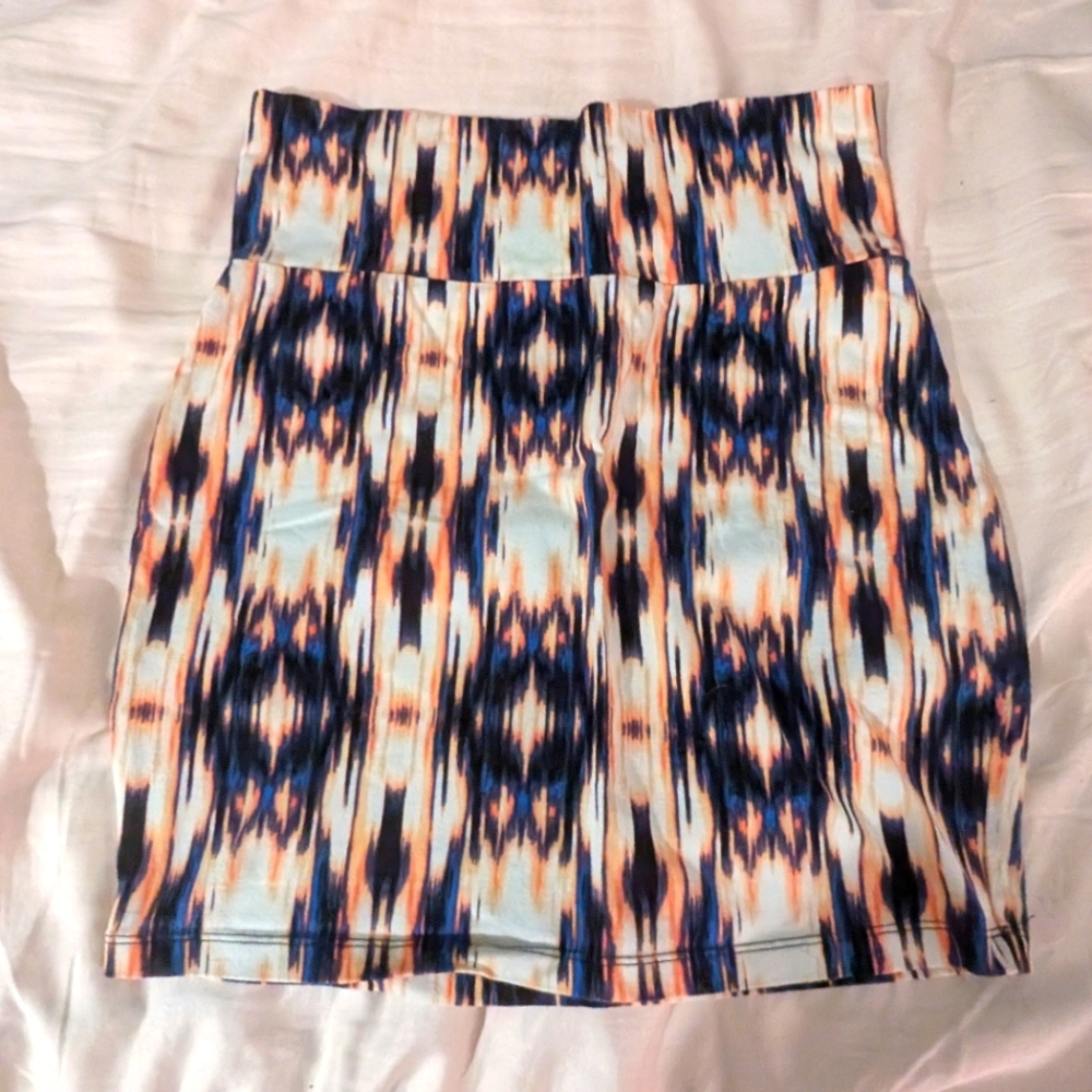 Charlotte Russe Blue and Orange Patterned Pencil Skirt